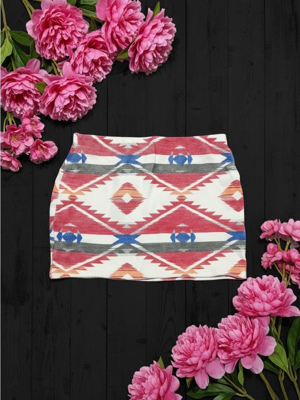 Zara Red Aztec Print Mini Skirt with Blue & Orange Accents